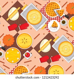 Illustration vector flat cartoon background of baked pie on table dinner on cooking on holiday concept 