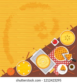 Illustration vector flat cartoon background of baked pie on table dinner on cooking on holiday concept 