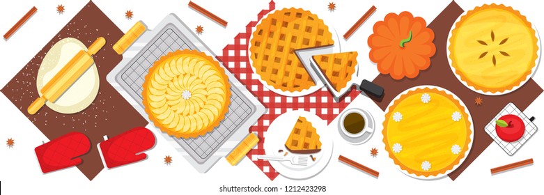 Illustration vector flat cartoon background of baked pie on table dinner on cooking on holiday concept 