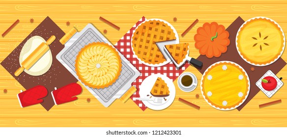 Illustration vector flat cartoon background of baked pie on table dinner on cooking on holiday concept 