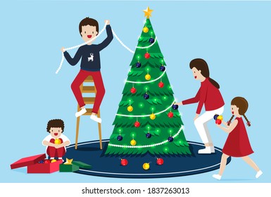Illustration vector flat cartoon background of Asian family fun together with decorating christmas tree at home as happy on merry christmas and happy new year celebration concept.