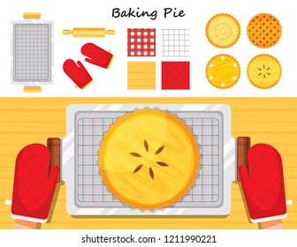 illustration vector flat cartoon of baking apple pumpkin meat mince pie background concept with tray and decoration on table top view. Homemade pie elements