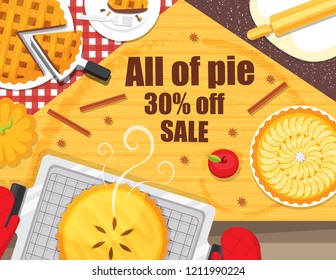 illustration vector flat cartoon of baking apple pumpkin meat mince pie background concept with tray and decoration on table top view. Homemade pie sale voucher frame