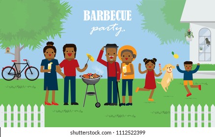 Illustration vector flat cartoon of black  or African american family happy together eating drinking at garden or park on picnic party concept