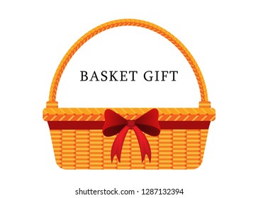 illustration vector flat cartoon of blank wicker basket gift with red bow ribbon isolated on white background