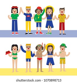 Illustration vector flat cartoon character of diverse young people men and women group of friend with summer fashion ,swimsuit ,bikini at beach or pool party on vacation. Isolated on white background