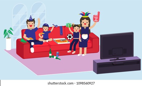 Illustration vector flat cartoon character of fun family cheering sport and watching football on tv at home. Eating pizza and drinking together. Happy Mother father son and daughter