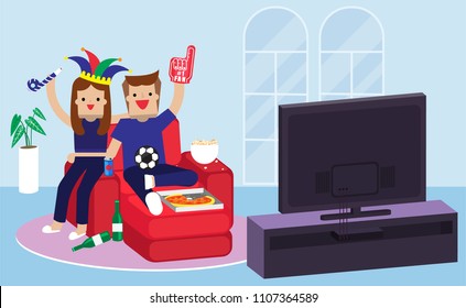 Illustration vector flat cartoon character of happy couple love of young man and woman eating pizza and drinking beer on couch at home together. Party of football fans cheering celebration on match