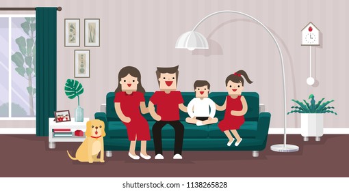 Illustration vector flat cartoon of clean modern living room at house. Curtain,sofa,plant pot,decoration,lighting and wall or wallpaper at home