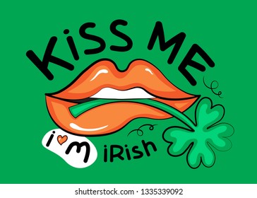 Ilustración vectorial caricatura plana estilo doodle logo sobre fondo verde de labio femenino o boquerosa hoja de trébol mordaz sobre el concepto de celebración del Día del Santo Irlandés Patrick para el disfraz del festival. Bésame, soy irlandés.