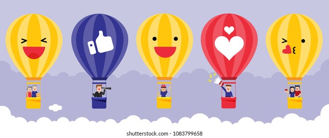 Illustration vector flat cartoon of emoji balloon social media icon with clouds, happy people old and young,boy and girl,businessman and student,couple family and single together