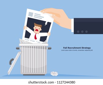 Illustration vector flat cartoon of fail resume of recruiting strategy concept. Un happy man on work