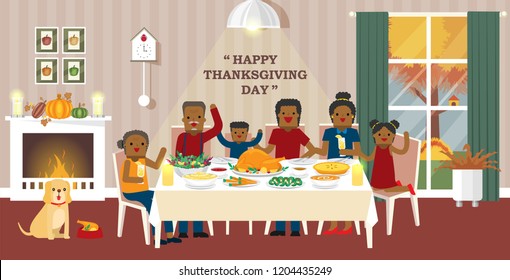 Illustration Vector Flat Cartoon Of  Family Reunion Thanksgiving Dinner Table Setting At Home With Fireplace In Dinning Room