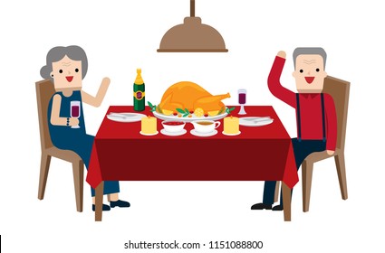 Illustration vector flat cartoon of feast table setting food and wine at home or restaurant for two on romantic in love meal on happy thanksgivings day concept