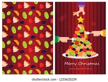 Illustration vector flat cartoon of feast food. Mix fruits kiwi strawberry orange grape Christmas tree with gold star on top on plate with pink background invitation ugly sweater party card concept