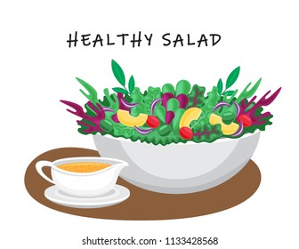 Illustration vector flat cartoon of food on table on white background. Avocado Salad on bowl and salad dressing