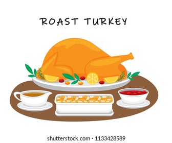 Illustration vector flat cartoon of food on table on white background. Roast turkey chicken and gravy, stuffing, cranberry sauce in sauce boat