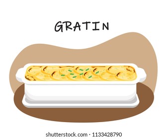 Illustration vector flat cartoon of food on table on white background. Gratin cheese dauphinois is french food. Baked potatoes milk and cheese.