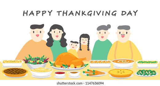 Illustration vector flat cartoon of food on happy Thanksgiving menu on dinner table as feast concept. Reunion family dinner celebrate on harvest festival