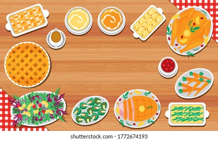 Illustration Vector Flat Cartoon Of Food On Happy Thanksgiving Menu On Dinner Table As Feast Concept. Set Of Food On Harvest Festival On Autumn. Roasted Turkey And Side Dishes Top View.