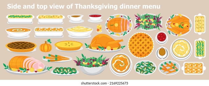 Illustration vector flat cartoon of food on happy Thanksgiving menu on dinner table as feast concept. Set of food on harvest festival on autumn. Roasted turkey and side dishes