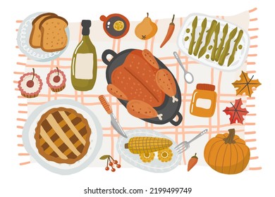 Illustration vector flat cartoon of food on happy Thanksgiving menu. Harvest autumn festival. Roasted turkey and another dishes and delicious menu from top of table view illustration. 