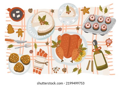 Illustration vector flat cartoon of food on happy Christmas menu on dinner table setting as feast concept. Family celebrating Christmas at home and eating together. Table top view, flat lay