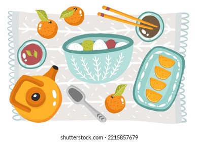 Illustration Vector Flat Cartoon Of Food On Dongzhi Festival Menu On Dinner Table Setting As Feast Concept. Family Celebrating At Home And Eating Together. Table Top View, Flat Lay