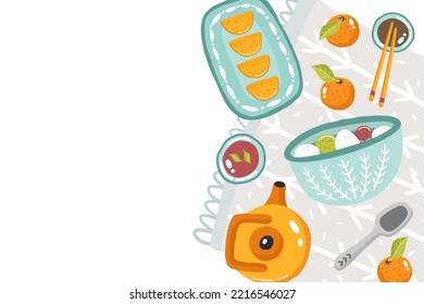 Illustration Vector Flat Cartoon Of Food On Dongzhi Festival Menu On Dinner Table Setting As Feast Concept. Family Celebrating At Home And Eating Together. Table Top View, Flat Lay