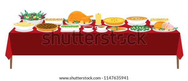 ごちそうのコンセプトとして 夕食のテーブルの幸せな感謝祭のメニューに食べ物を描いたイラストベクター画像の平らな漫画 肉汁と詰め物を入れたトルコの焼き物 アボカドサラダ カボチャパイ スープ のベクター画像素材 ロイヤリティフリー