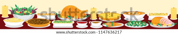 Illustration vector flat\
cartoon of food on happy Thanksgiving menu on dinner table as feast\
concept. Set of food on harvest festival on autumn. Roasted turkey\
and side dishes