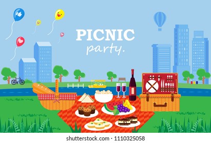 Illustration vector flat cartoon of food,drink,basket on blanket on green yard at park city view. balloon in sky and skyline on picnic party invitation card concept
