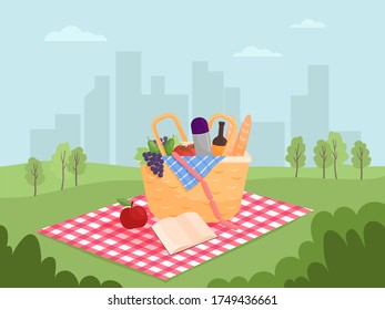 Illustration vector flat cartoon of food,drink,basket on blanket on green yard at park city view.