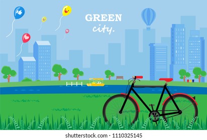 Illustration vector flat cartoon of garden or park in the city day view landscape with bike on yard or grass and balloon in sky