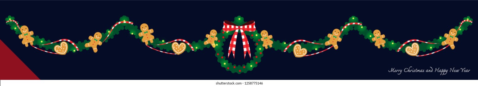 illustration vector flat cartoon of gingerbread man and woman on garland and wreath on merry christmas decoration concept