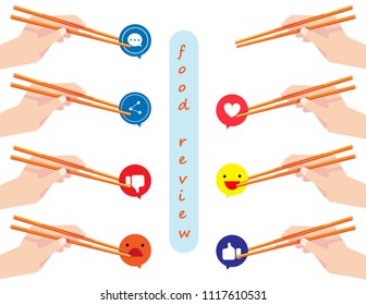 Illustration vector flat cartoon of hand and chopsticks man or woman with emoticon on social network icon for reviewer food on site concept