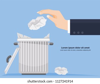 Illustration vector flat cartoon of hand throwing crumpled paper ball with trash can on rejected document concept background.