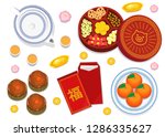 illustration vector flat cartoon of happy Chinese new year concept. Isolated table decoration food, sweet and drink top view
