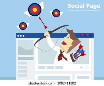 Illustration vector flat cartoon happy young businessman character hand holding archer and shooting target as target audience on content or website  marketing strategy concept