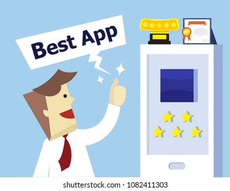Illustration vector flat cartoon happy young businessman character hand holding star for rating scale concept on application at app store as concept