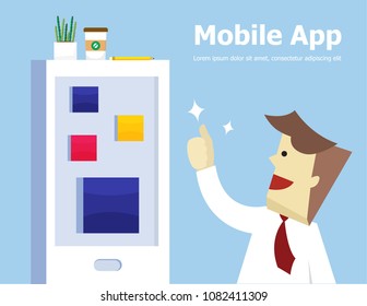 Illustration vector flat cartoon happy young businessman character sent thump up for app or application on app store as concept