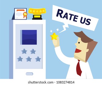 Illustration vector flat cartoon happy young businessman character hand holding star for rating scale concept on application at app store as concept