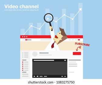 Illustration vector flat cartoon happy young businessman character hand holding magnifying glass to analytics web from insight data of video blog of digital optimization concept