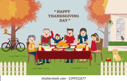 Illustration Vector Flat Cartoon Of Happy Thanksgiving Dinner Table As Concept.