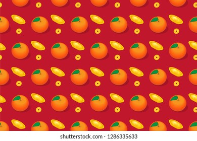 illustration vector flat cartoon of happy Chinese new year concept. Isolated table decoration orange mandarin and 
 gold ingot,coin top view