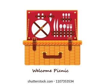 Illustration vector flat cartoon icon or logo of isolated Wicker Picnic Basket or Hamper and Cutlery, Plates, Glass, Tableware and Blanket on white background on picnic party invitation concept. 