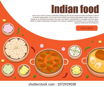 Illustration vector flat cartoon Indian food of chicken Biryani and chicken butter with Nan bread isolated on table top view