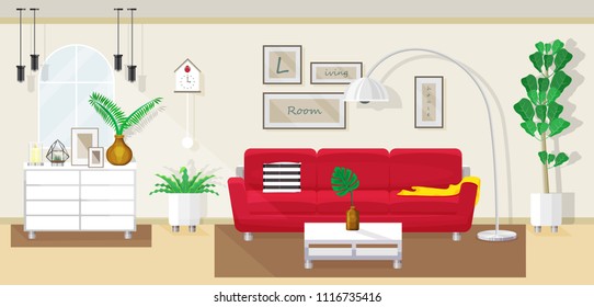 Illustration vector flat cartoon interior design of minimal style living room inside house with tree pots and hanging lamp and beautiful decoration items