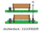 illustration vector flat cartoon of isolated bench at park on white background with bin and light on green yard