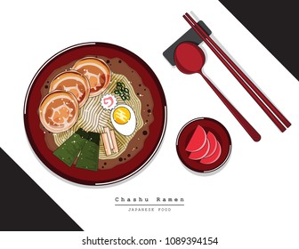 Illustration vector flat cartoon isolated food on table top view. Japanese noodles Chashu slice ramen bowl with chopsticks,miso soup ,egg boiled,grilled nori,ferment,leek,bamboo shoot on table